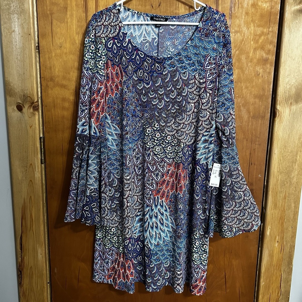 Dress Women's XL Multicolored Boho Flowy Gypsy  Y2K Peacock Bell‎ Sleeve NEW